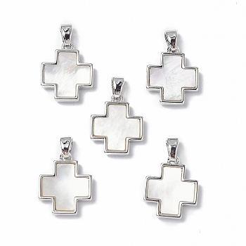 Brass Charms, with Freshwater Shell, Nickel Free, Cross Charm, Platinum, 15x13.5x2.5mm, Hole: 4x2.5mm