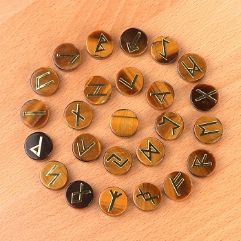 Tumbled Natural Tiger Eye with Carved Rune Words, Divination Stone, Flat Round, 16~19x6~7mm