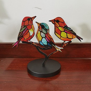 Stained Acrylic Birds Desktop Ornaments, Double-Sided Metal Bird Sculpture for Home Office, Colorful, 160x115x3mm