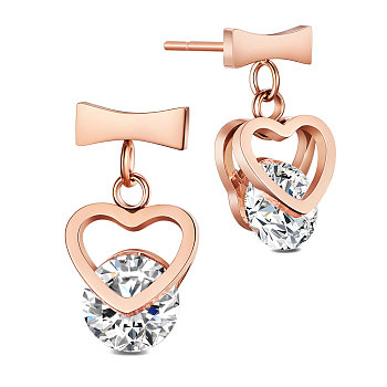 SHEGRACE Titanium Steel Dangle Stud Earrings, with Grade AAA Cubic Zirconia, Heart, Clear, Rose Gold, 7x2.3mm, 6.5x8mm