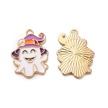 Alloy Enamel Pendants, Ghost with Hat Charms, Halloween, Golden, 21x15.5x1.4mm, Hole: 1.5mm