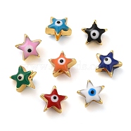Golden Tone Brass Enamel Beads, Cadmium Free & Lead Free, Long-Lasting Plated, Star with Evil Eye, Mixed Color, 8x8x5mm, Hole: 1.4mm(KK-E048-03G)