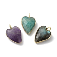 Natural Mixed Stone Pendants, Faceted Heart Charms, with Golden Plated Brass Edge Loops, 18x12x6mm, Hole: 2.5~3mm(G-G012-11G-B)