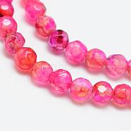 Natural Crackle Agate Bead Strands, Dyed, Faceted, Round, Hot Pink, 4mm, Hole: 1mm, about 87~90pcs/strand, 13.8~14.6 inch(G-R344-4mm-55)