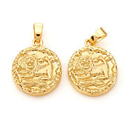 Brass Pendants, Textured, Flat Round with Constellation/Zodiac Sign, Real 18K Gold Plated, Leo, 16.5x14x2mm, Hole: 5x2.5mm(KK-I672-33E)