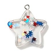 Independence Day Transparent Resin Pendants, with Paillettes & Platinum Plated Iron Loops, Colorful, Star, 31.5x27.5x5.5mm, Hole: 2.5mm(RESI-U007-01A)