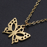 201 Stainless Steel Pendants Necklaces, with Cable Chains and Lobster Claw Clasps, Butterfly, Golden, 15-3/4 inch(40cm), 1.5mm(NJEW-S105-JN585-40-2)