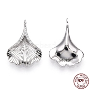 Rhodium Plated 925 Sterling Silver Micro Pave Cubic Zirconia Pendants, Leaf Charms, Nickel Free, with S925 Stamp, Real Platinum Plated, 17.5x12.5x3.5mm, Hole: 1.2mm(STER-T004-32P)