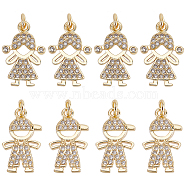 12Pcs 2 Style Brass Pendants, with Clear Cubic Zirconia, Boy & Girl, Golden, 16x9~10x12mm, Hole: 2~2.5mm, 6pcs/style(KK-DC0001-86)