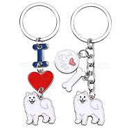 WEWAYSMILE 2 pcs Dog Keychain Car Keychain Pet Pendant Key-Ring Lovely Dog Key-ring Portable Metal Keychain Gift for Pet Lover Birthday Puppy Theme Party Supplies (Samoye), Platinum, 8.85x2.15cm(JX785A)