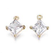 Brass Micro Pave Clear Cubic Zirconia Charms, Nickel Free, Rhombus, Real 18K Gold Plated, 10x8x3mm, Hole: 1mm, Side Length: 6mm(KK-T056-65G-NF)