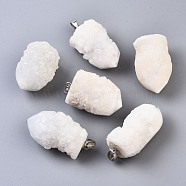 Rough Raw Electroplate Natural Druzy Agate Pendants, with Platinum Tone Iron Pinch Bail, Dyed, Nuggets, Floral White, 32~40x21~25x18~21mm, Hole: 7x4mm(G-S359-274E)