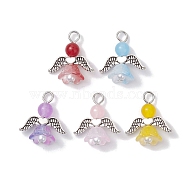 Natural Dyed Malaysia Jade & Glass Pendants, Flower Angel Charms with Alloy Wings, Mixed Color, 23x20x11mm, Hole: 3.4mm, 10pcs/set(PALLOY-JF02661-03-S)