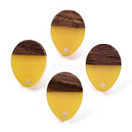 Resin & Walnut Wood Stud Earring Findings, with 304 Stainless Steel Pin, Teardrop, Gold, 17x13mm, Hole: 1.8mm, Pin: 0.7mm(MAK-N032-006A-A04)