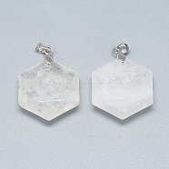 Natural Quartz Crystal Pendants, with Brass Findings, Hexagon, Platinum, 28x25x9.5mm, Hole: 4mm(G-S334-003N)