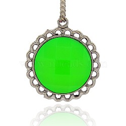 Antique Silver Tone Alloy Resin Pendants, Faceted Flat Round Necklace Pendants, Lime, 30x26x10mm, Hole: 2mm(PALLOY-J343-01AS)