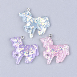 Resin Pendants, with Shell and Iron Findings, Unicorn, Platinum, Mixed Color, 36~39x33~34x4.5~5.5mm, Hole: 1.8mm(X-CRES-T010-93)