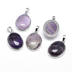 Oval Platinum Plated Brass Natural Amethyst Pendants, Cadmium Free & Lead Free, 31x20x7.5mm, Hole: 5x8mm(X-G-F228-15C-RS)