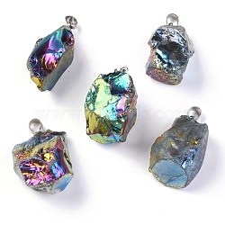 3Pcs Rough Raw Electroplate Natural Crystal Quartz Pendants, with Platinum Tone Alloy Snap on Bails, Nuggets, Colorful, 17~34x17~24x11.5~18mm, Hole: 5.5x4.5mm(G-FS0001-34)