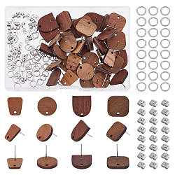40Pcs 4 Style Arch & Flat Round & Square & Trapezoid Wood Stud Earring Findings, with 304 Stainless Steel Pins & 50Pcs Open Jump Rings, 40Pcs 201 Stainless Steel Friction Ear Nuts, Coconut Brown, 14~17x12~15mm, Hole: 1.8~2mm, Pin: 0.7~0.8mm, 10Pcs/style(FIND-DC0004-47)
