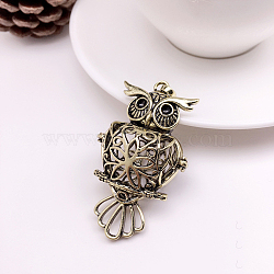 Brass Bead Cage Pendants, Hollow Owl Charms, for Chime Ball Pendant Necklaces Making, Antique Bronze, 18mm(FIND-PW0008-05AB)