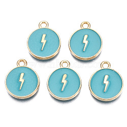 Alloy Enamel Pendants, Cadmium Free & Nickel Free & Lead Free, Light Gold, Flat Round with Lightning Bolt, Turquoise, 16x13x2mm, Hole: 1.6mm(ENAM-N054-89B)