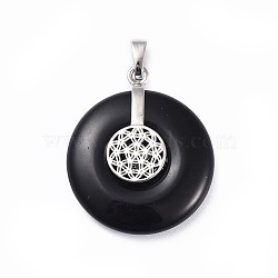 Natural Obsidian Pendants, with Platinum Tone Brass Findings, Donut/Pi Disc with Flower, 35.5x30x8.5~9.5mm, Hole: 4.5x6.5mm(G-F640-C08)