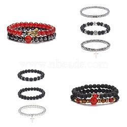 PandaHall Elite 4 Sets 4 Style Natural & Synthetic Gemstone Stretch Bracelets Set, Alloy Dragon & Cross Charm Bracelets for Women Men, Inner Diameter: 2 inch(5.15cm)~2-1/2 inch(6.3cm), 1 set/style(BJEW-PH0004-20)