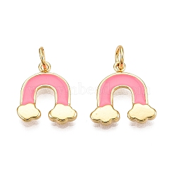 Brass Enamel Pendants, with Jump Ring, Real 18K Gold Plated, Rainbow with Cloud, Hot Pink, 4.5x14x3mm, Hole: 3.3mm(KK-E068-VC010)