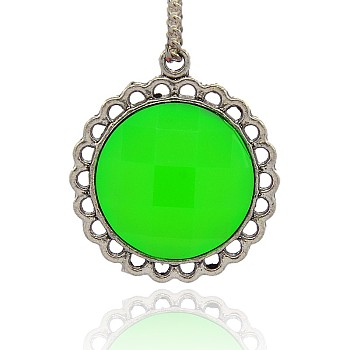 Antique Silver Tone Alloy Resin Pendants, Faceted Flat Round Necklace Pendants, Lime, 30x26x10mm, Hole: 2mm