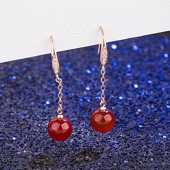 Round Imitation Agate Dangle Earrings for Girl Women, Long Tassel Brass Micro Pave Cubic Zirconia Earrings, Red, Rose Gold