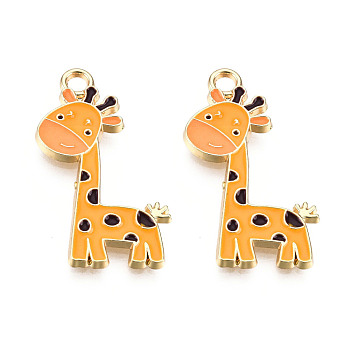 Alloy Enamel Pendants, Light Gold, Giraffe, Orange, 27x12x2mm, Hole: 2mm