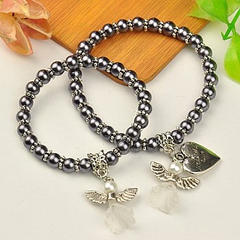 Lovely Wedding Dress Angel Jewelry Sets for Mother and Daughter, Stretch Bracelets, with Glass Pearl Beads and Tibetan Style Beads, Dark Slate Gray, 45mm and 55mm inner diameter