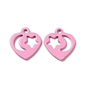 Spray Painted 201 Stainless Steel Charms, Heart with Star & Moon Pattern, Pearl Pink, 12x11.5x1mm, Hole: 1.4mm