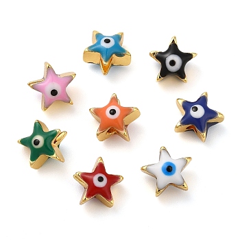 Golden Tone Brass Enamel Beads, Cadmium Free & Lead Free, Long-Lasting Plated, Star with Evil Eye, Mixed Color, 8x8x5mm, Hole: 1.4mm