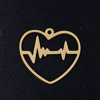 201 Stainless Steel Filigree Pendants, Heart with Heartbeat/ECG, Golden, 19.5x21.5x1mm, Hole: 1.4mm