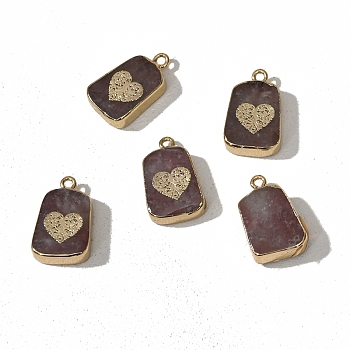 Natural Strawberry Quartz Pendants, Rectangle with Golden Tone Brass Heart Slices, 22x13mm