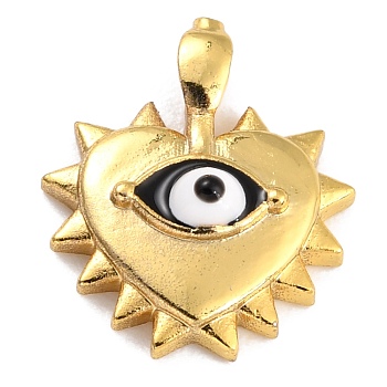 Golden Brass Enamel Pendants, Long-Lasting Plated, Heart with Evil Eye, Black, 14x12.5x3mm, Hole: 2x1mm