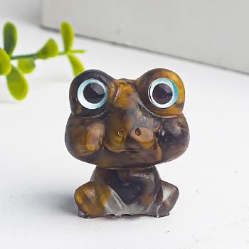 Resin Frog Display Decoration, with Natural Tiger Eye Chips inside Statues for Home Office Decorations, 25x20x30mm