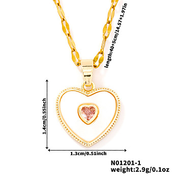 Chic Heart-shaped Brass Clear Cubic Zirconia Pendant Dapped Chain Necklace for Women, Golden, Pink, 15.75 inch(40cm)