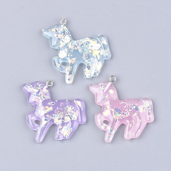 Resin Pendants, with Shell and Iron Findings, Unicorn, Platinum, Mixed Color, 36~39x33~34x4.5~5.5mm, Hole: 1.8mm