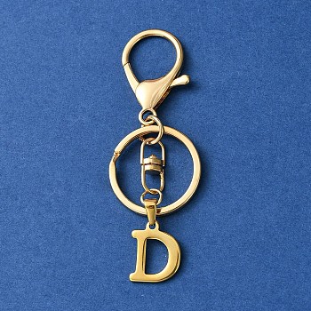 304 Stainless Steel Initial Letter Charm Keychains, with Alloy Clasp, Golden, Letter D, 8.5cm