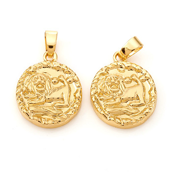 Brass Pendants, Textured, Flat Round with Constellation/Zodiac Sign, Real 18K Gold Plated, Leo, 16.5x14x2mm, Hole: 5x2.5mm