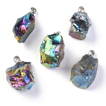 3Pcs Rough Raw Electroplate Natural Crystal Quartz Pendants, with Platinum Tone Alloy Snap on Bails, Nuggets, Colorful, 17~34x17~24x11.5~18mm, Hole: 5.5x4.5mm