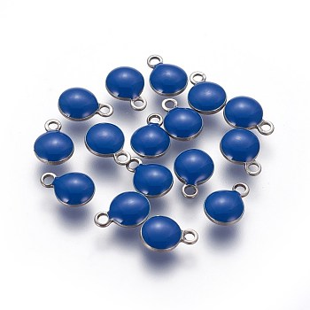 304 Stainless Steel Enamel Charms, Enamelled Sequins, Flat Round, Stainless Steel Color, Dark Blue, 6.5x4.5x2.5mm, Hole: 0.8mm