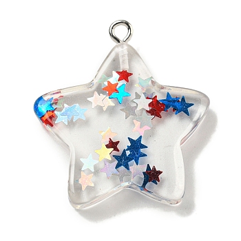 Independence Day Transparent Resin Pendants, with Paillettes & Platinum Plated Iron Loops, Colorful, Star, 31.5x27.5x5.5mm, Hole: 2.5mm