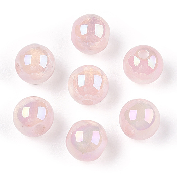 Translucent Resin Beads, Glitter Beads, Round, Misty Rose, 8x7.5mm, Hole: 1.8mm