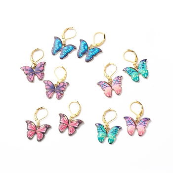 Alloy Enamel Butterfly Dangle Leverback Earrings, Gold Plated Brass Jewelry for Women, Mixed Color, 32mm, Pin: 0.5mm
