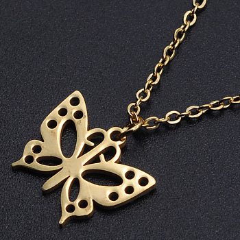 201 Stainless Steel Pendants Necklaces, with Cable Chains and Lobster Claw Clasps, Butterfly, Golden, 15-3/4 inch(40cm), 1.5mm