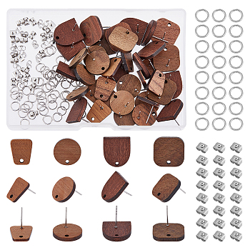 40Pcs 4 Style Arch & Flat Round & Square & Trapezoid Wood Stud Earring Findings, with 304 Stainless Steel Pins & 50Pcs Open Jump Rings, 40Pcs 201 Stainless Steel Friction Ear Nuts, Coconut Brown, 14~17x12~15mm, Hole: 1.8~2mm, Pin: 0.7~0.8mm, 10Pcs/style